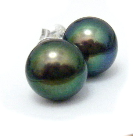 Green and Bronze 8.8mm Button Pearl Stud Earrings on Silver